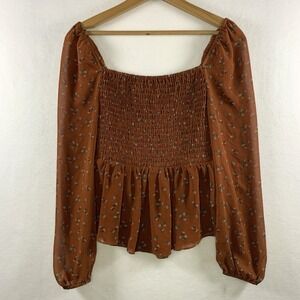 Aeropostale Womens Milkmaid Peasant Smocked Top Small Brown Ditsy Floral Sheer